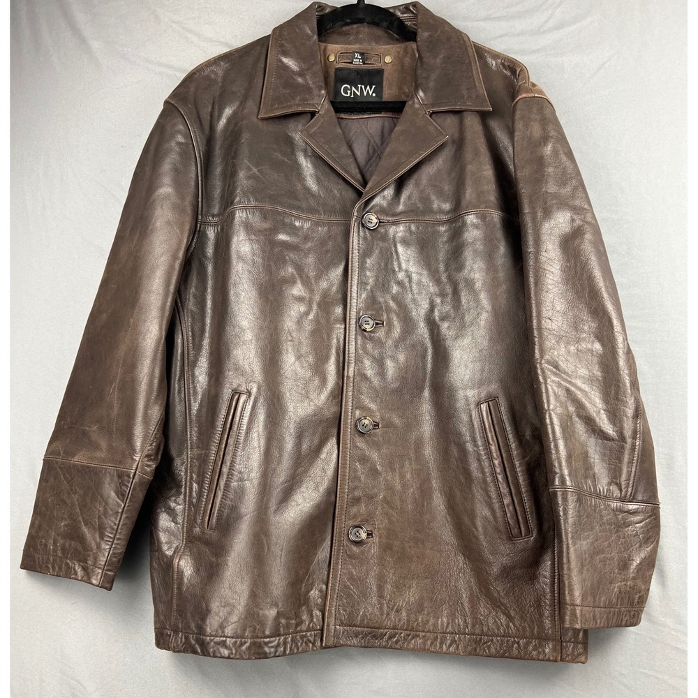GNW Leather Jacket Mens XL Car Coat Brown Quilted Corduroy Lining Good